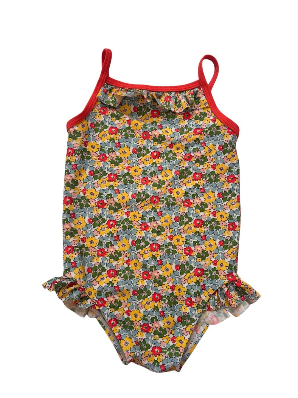 BABY BODEN Pink Green Ditzy Floral Bathing Suit Sz 18-24 Month One Piece Ruffle